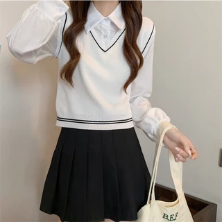 DODO*พร้อมส่ง‍🌺เสื้อเชิ้ตแขนยาวพร้อมเสื้อกั๊กเรียบหรูลุคคุณหนูสุดๆ ให้ฟีลนักเรียนเกาหลี สายเกาหลีเกาใจต้องตำ（03015-5）