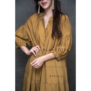 Pimpi Voluminous Sleeve Maxidress เดรสคอจีน กระดุมผ่าหน้า แพทเทรินตัดต่อ7ชั้น มาพร้อมเชือกผูกเอว