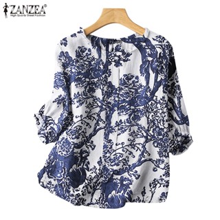 Zanzea เสื้อลําลองสําหรับสตรี แขน 3/4 คอกลม ลายดอกไม้ ทรงหลวม สไตล์เกาหลี