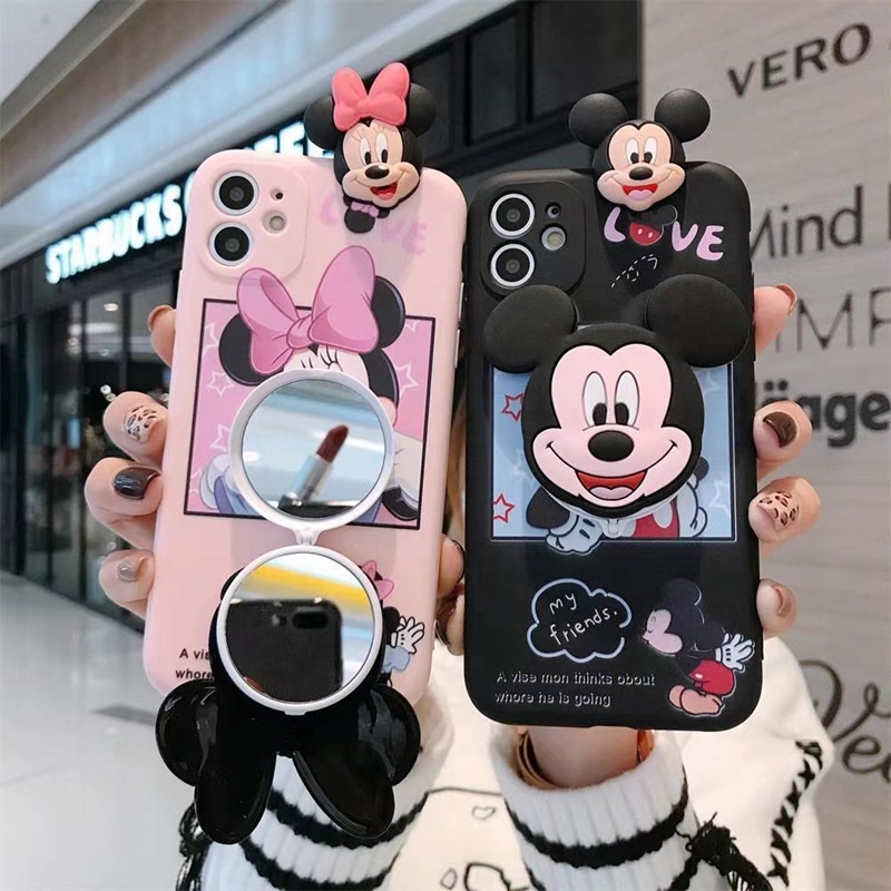 ปลอกสําหรับ iPhone 17 Air 15 14 Pro Max 13 12 mini 6S 6 7 8 Plus 11 Pro X XR XS Max se การ์ตูน 3d Mickey Minnie กระจกแต่งหน้าเชือกเคสซิลิโคน