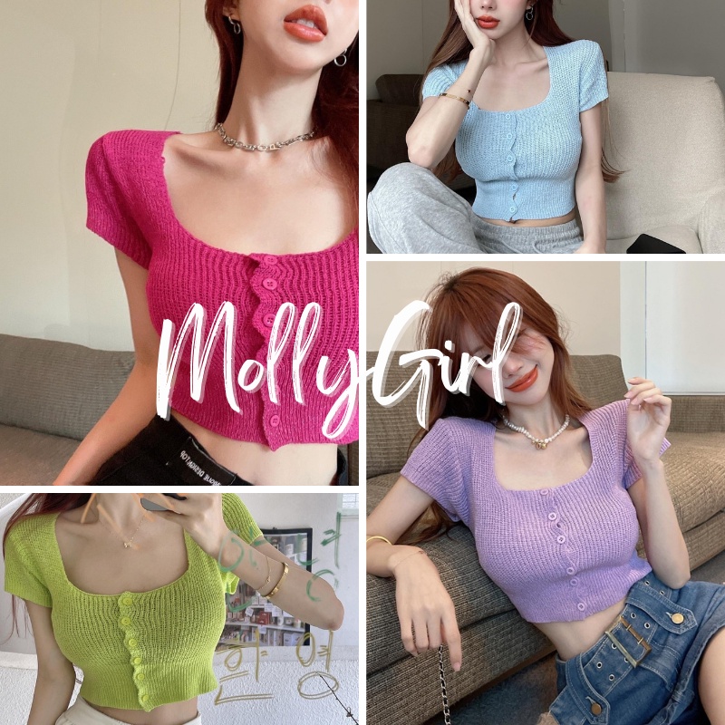 Mollygirl เสื้อไหมพรมคอกว้าง สีสันสดใส