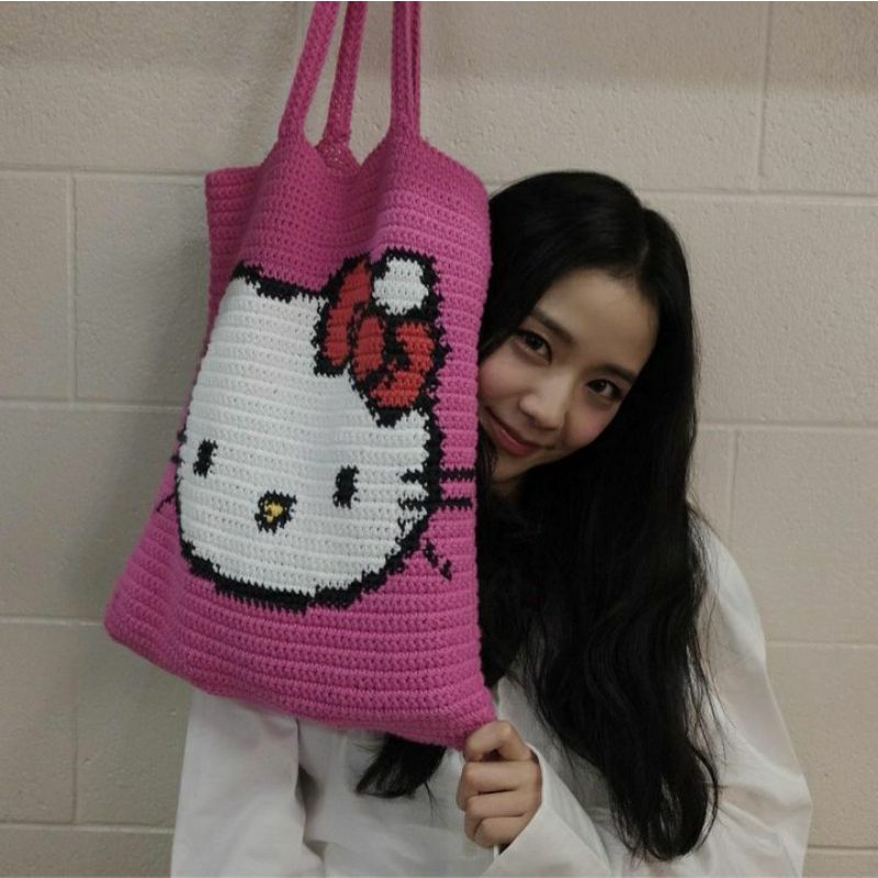 100% Handmade Hello Kitty Jisoo BlackPink โครเชต์ถัก Tote Bag