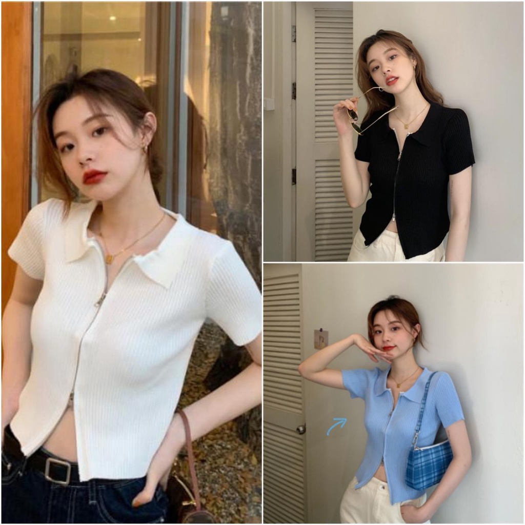 พร้อมส่ง เสื้อไหมพรมแขนสั้น คอปก ซิปบน-ล่าง เกาหลีผู้หญิง ผ้าร่อง