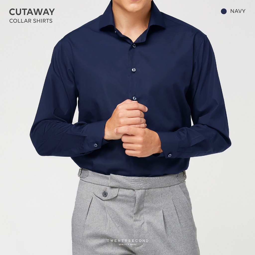 TWENTYSECOND เสื้อเชิ้ตแขนยาว ผ้าคอตต้อน ปกป้าน รุ่น Cutaway New Collar Shirt - น้ำเงิน / Navy