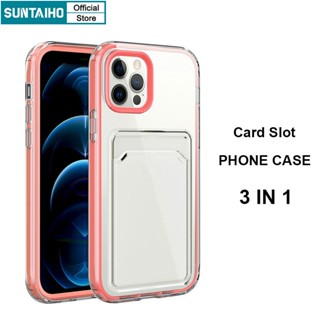 Suntaiho 3-in-1 เคสโทรศัพท์มือถือแบบนิ่ม TPU ใส กันกระแทก พร้อมช่องใส่บัตร สีแคนดี้ สําหรับ iPhone 14 13 12 11 Pro Max X Xs Max XR 8 7 Plus