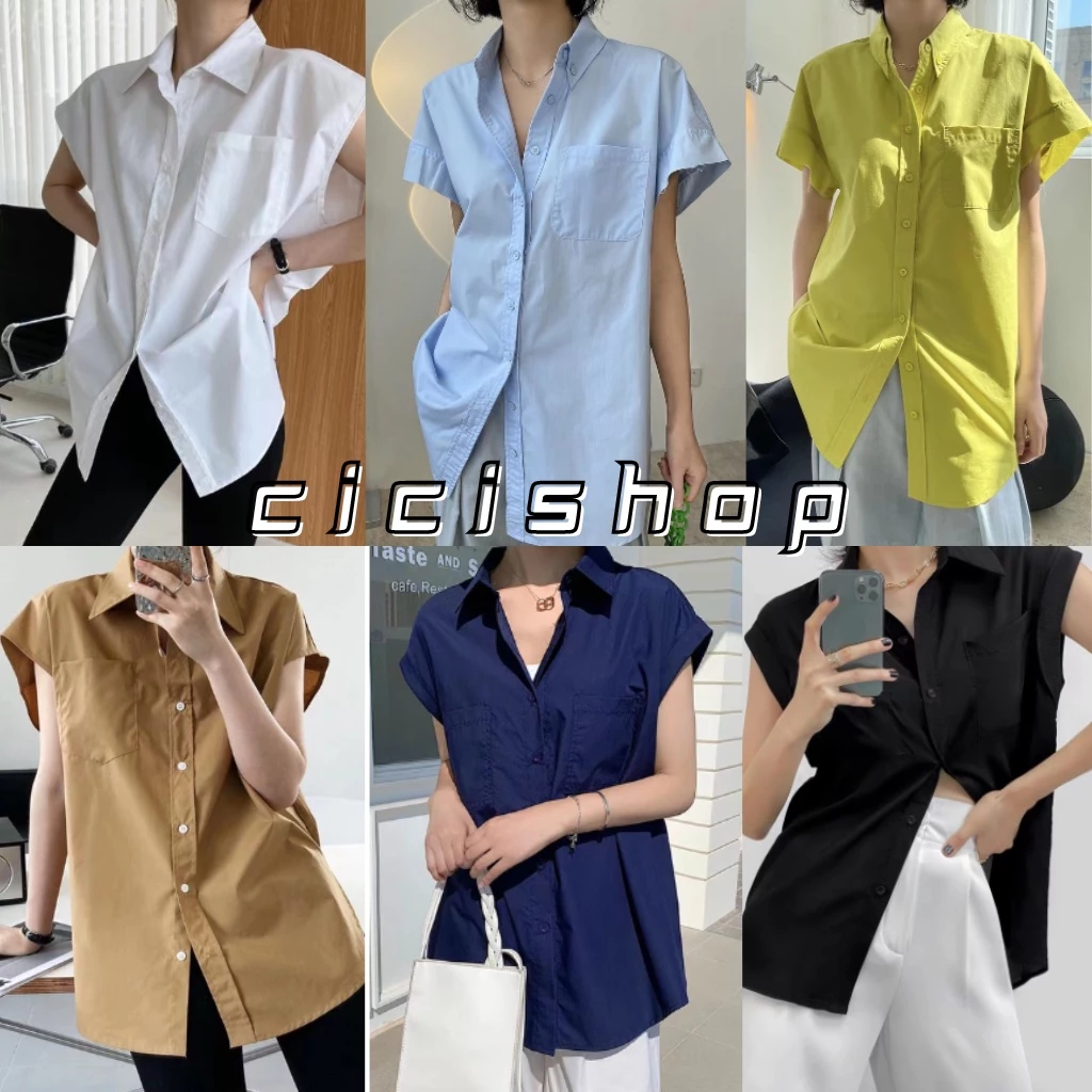 Cicishop(1162) เสื้อเชิ้ตแขนกุด oversize คอปก มีการะเป๋าหน้าผ้าคอตตอนเนื้อดี เก๋ๆ โคเรียมากเวอร์