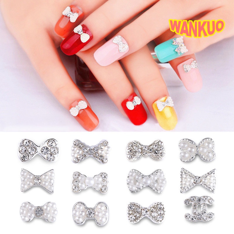 【WANKUO】 คริสตัลไข่มุก โบว์ พลอยเทียม อุปกรณ์เสริม สําหรับตกแต่งเล็บผู้หญิง