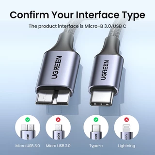 Ugreen USB C to Micro B 3.0 สายเคเบิ้ล 5Gbps 3A Fast Sync Cord สําหรับ Macbook ฮาร์ดดิสก์ไดรฟ์ HDD SSD เคส USB Type C Micro B สายเคเบิ้ล