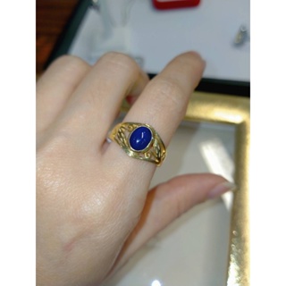 แหวนพลอย ไพลิน สีน้ำเงิน Blue Sapphire หลังเบี้ย ไข่ 7.3*5.3 mm. แหวนเงินแท้92.5% ชุบทองคำแท้ 18K ไซส์55 พลอยแท้ธรรมชาติ