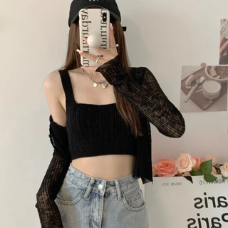 ส่งทันที Cici(NO. 44125) เสื้อครอปTOPไหมพรมสายเดี่ยวทอลาย สีสันสดใสแมทกับกางเกง กระโปรงได้สุด น่ารักเป็นsocuteมากๆ