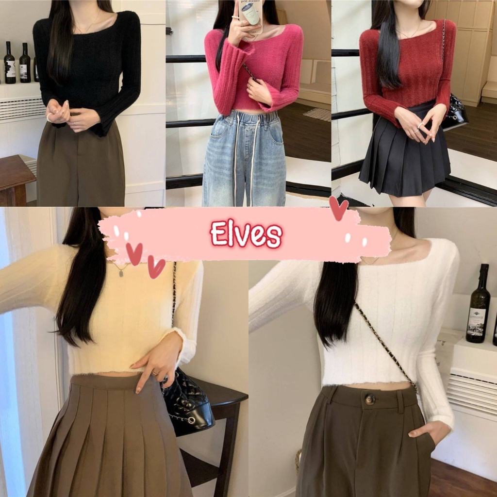 Elves พร้อมส่ง เสื้อครอปสั้นไหมพรมแขนยาว ดีเทลขนมุ้งมิ้ง น่ารักมาก ~C587~