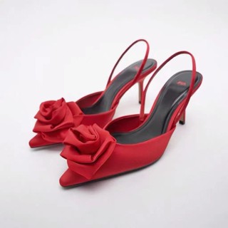 Zara2022 ใหม่ รองเท้าส้นสูง เปิดส้น ลายดอกไม้ สีแดง สําหรับผู้หญิง 1227010020