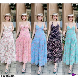 16839 เดรสยาว สายเดี่ยวคล้องคอ ผ้าชีฟองลายดอก Long dress, single strap, halter neck, chiffon fabric, flower pattern