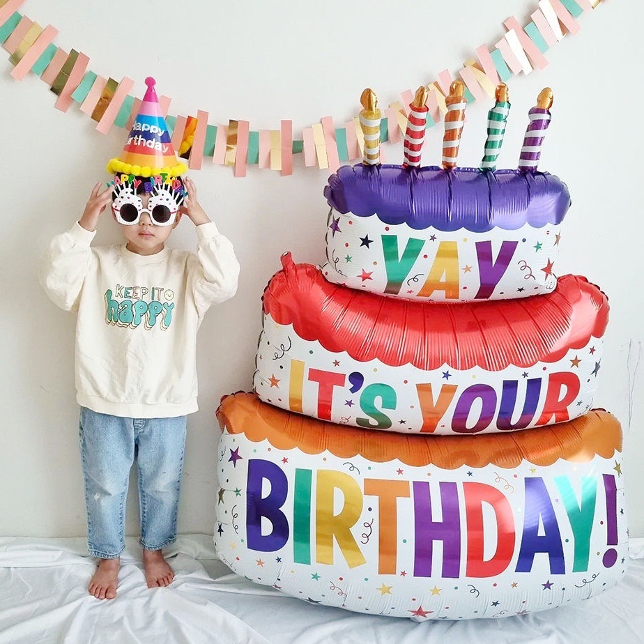 102 * 62 ซม. เค้กสามชั้นฟิล์มอลูมิเนียมสีเทียนสีตกแต่งเค้กบอลลูนสุขสันต์วันเกิดบอลลูนเด็กโปรดปราน