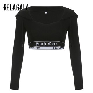 Relagala เสื้อยืดแขนยาว มีฮู้ด คอสี่เหลี่ยม พิมพ์ลายตัวอักษร แฟชั่นสตรี