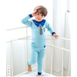 L-PJB-1884-MLB ชุดนอนเด็กแนว slim สีฟ้า ลายเนคไท Size-100 (3-4Y)