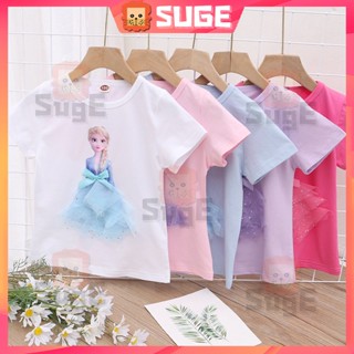 【Suge】เสื้อเชิ้ตแขนสั้น ผ้าฝ้าย ลายเจ้าหญิงเอลซ่า Frozen 3D แฟชั่น สําหรับเด็กผู้หญิง อายุ 1-8 ปี
