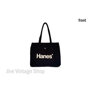 กระเป๋าวินเทจ Hanes ผ้าแคนวาสหนาๆ tote bag สะพายไหล่ ทรง shopping ใบใหญ่ สกรีนชื่อแบรนด์ ด้านหน้า มือสอง จากตู้ญี่ปุ่น