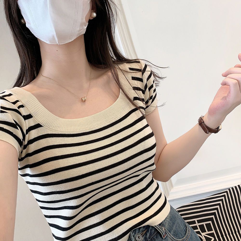 [Abao] เสื้อยืดแขนสั้น ผ้าถัก ลายทาง สําหรับผู้หญิง