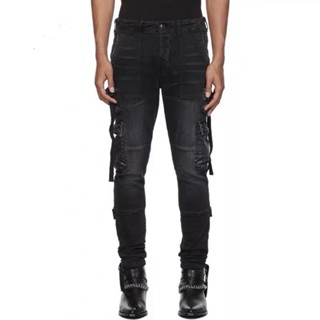 AMIRI MX1 พรีเมี่ยม Cargo Ten Pocket black double knee holes and leather tassel slim fit  jeans