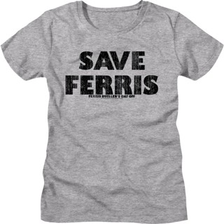 Womens Distressed Save Ferris Bueller Shirt เสื้อยืดแฟชั่น เสื้อสีขาว เสื้อคนอ้วน เสื้อยืดเท่