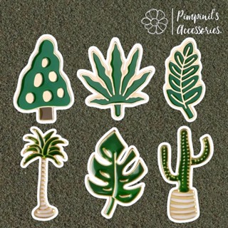 🇹🇭 พร้อมส่ง : 🌱🌵 เข็มกลัดเซ็ทใบไม้สีเขียวและกระบองเพชร | Green Leaf &amp; Cactus Enamel Brooch Pin Set.