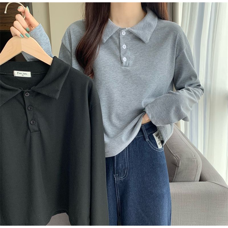 สินค้าใหม่ เสื้อโปโลแขนยาว คอปก ทรงหลวม สวมใส่สบาย สีพื้น แฟชั่นสไตล์เกาหลี สําหรับผู้หญิง