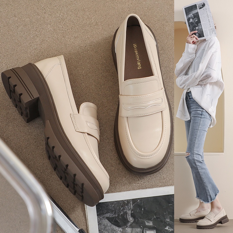 รองเท้าหนัง ส้นหนา สวมใส่สบาย ขนาดเล็ก สไตล์อังกฤษวินเทจ แฟชั่นสําหรับผู้หญิง ไซซ์ 34-42