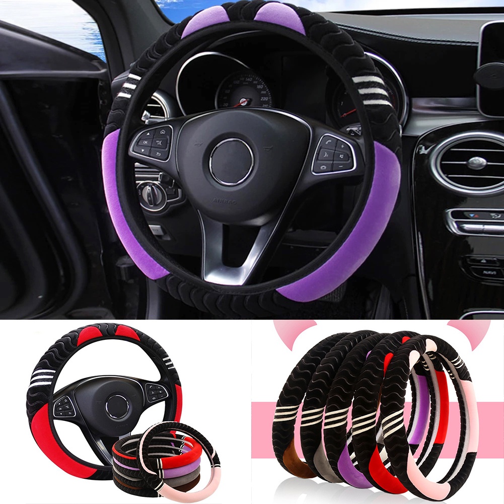 37-38 ซม.ที ่ มีสีสัน Anti-slip Plush Warm พวงมาลัย-ล ้ อครอบคลุมอุปกรณ ์ ตกแต ่ งอัตโนมัติน ่ ารักการ ์ ตูนแมวหูพวงมาลัยรถพวงมาลัยครอบคลุม