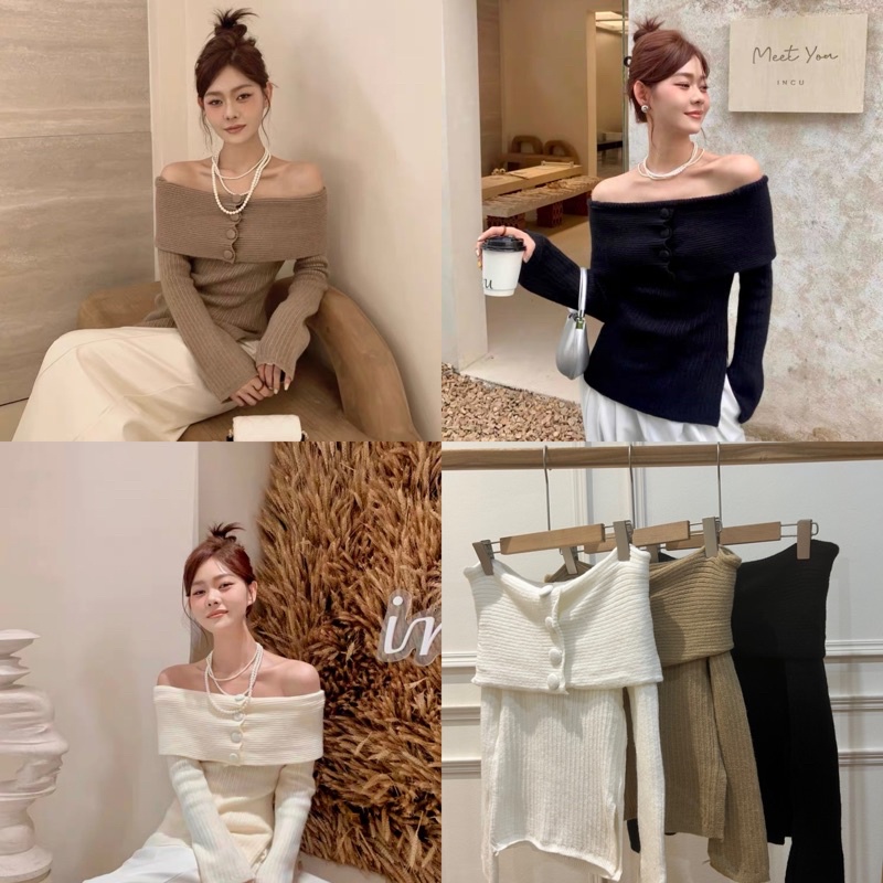 เสื้อไหมพรมปาดไหล่กระดุม4เม็ด knit งานนำเข้า พร้อมส่งจากไทย