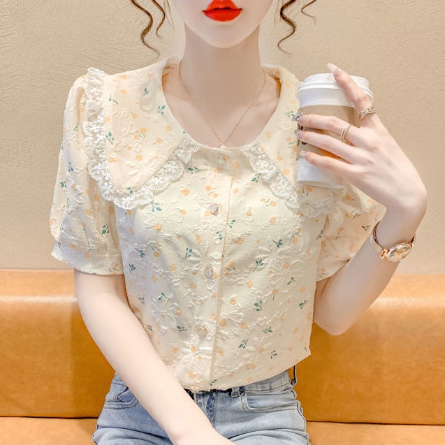 เสื้อเบลาส์ แขนสั้น คอตุ๊กตา ลายดอกไม้ แฟชั่นฤดูร้อน สําหรับผู้หญิง