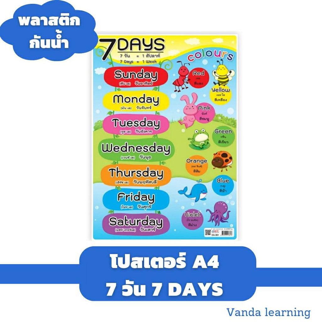 โปสเตอร์คำศัพท์ 7 วัน 7 Days ขนาด A4 โปสเตอร์ความรู้ EA-361 โปสเตอร์ 7 วัน แผ่นพลาสติก Vanda learning