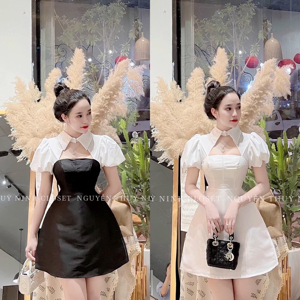 ชุดเดรสผู้หญิงแฟชั่นใส่ออกไปข้างนอกเนื้อไหมพรมคอปกแขนสั้นร่องหน้าอกกระโปรงทรงเอ