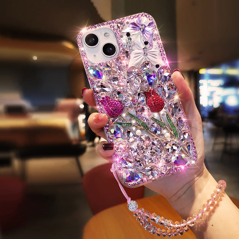 3d ผีเสื้อ Bling Rose เพชรกรณี OPPO A3x A3 Pro 5G A60 A79 A98 A78 A58 A38 A18 A77S A57 A77 A17 A17K A96 A76 A16 A95 A74 A54 A94 A54 A94 ฝาครอบโทรศัพท์