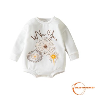 Beauty-baby Romper, บอดี้สูทคอกลมแขนยาวลายดอกไม้ไฟ / พวงหรีดพิมพ์สําหรับปีใหม่