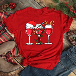 เสื้อยืด Holiday Merry Christmas Wine Glass Christmas Women T Shirt Fashion Lady New Year Cartoon Tshirt Red T-shirt