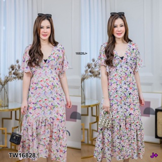 16828 เดรส#สาวอวบ คอวีแต่งระบายแขนผีเสื้อ ลายดอก Dress V-neck, decorated with fringe, butterfly sleeves, floral pattern