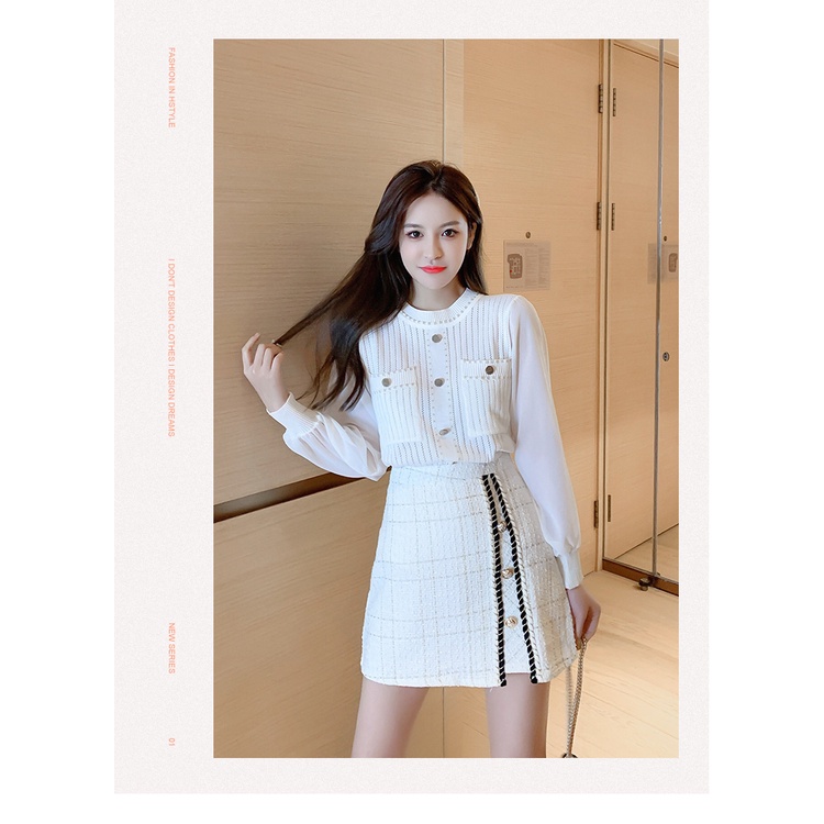 2021 Spring Summer 2 Piece Skirt Set Women Knitting Chiffon Patchwork Shirt Top   A Line Single Breasted Tweed Mini Skir #4