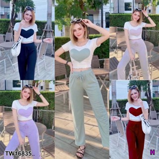 16835 Set 2 ชิ้น เสื้อครอปหัวใจ + กางเกงขายาว ผ้ายืดร่อง Set 2 pieces, heart crop top + long pants, slit stretch fabric