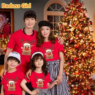 🎅คริสต์มาส🎄 Merry Christmas เสื้อยืด กวางเรนเดียร์น่ารัก แขนสั้น สําหรับแม่ และเด็ก สีแดง ของขวัญคริสต์มาส ME11603