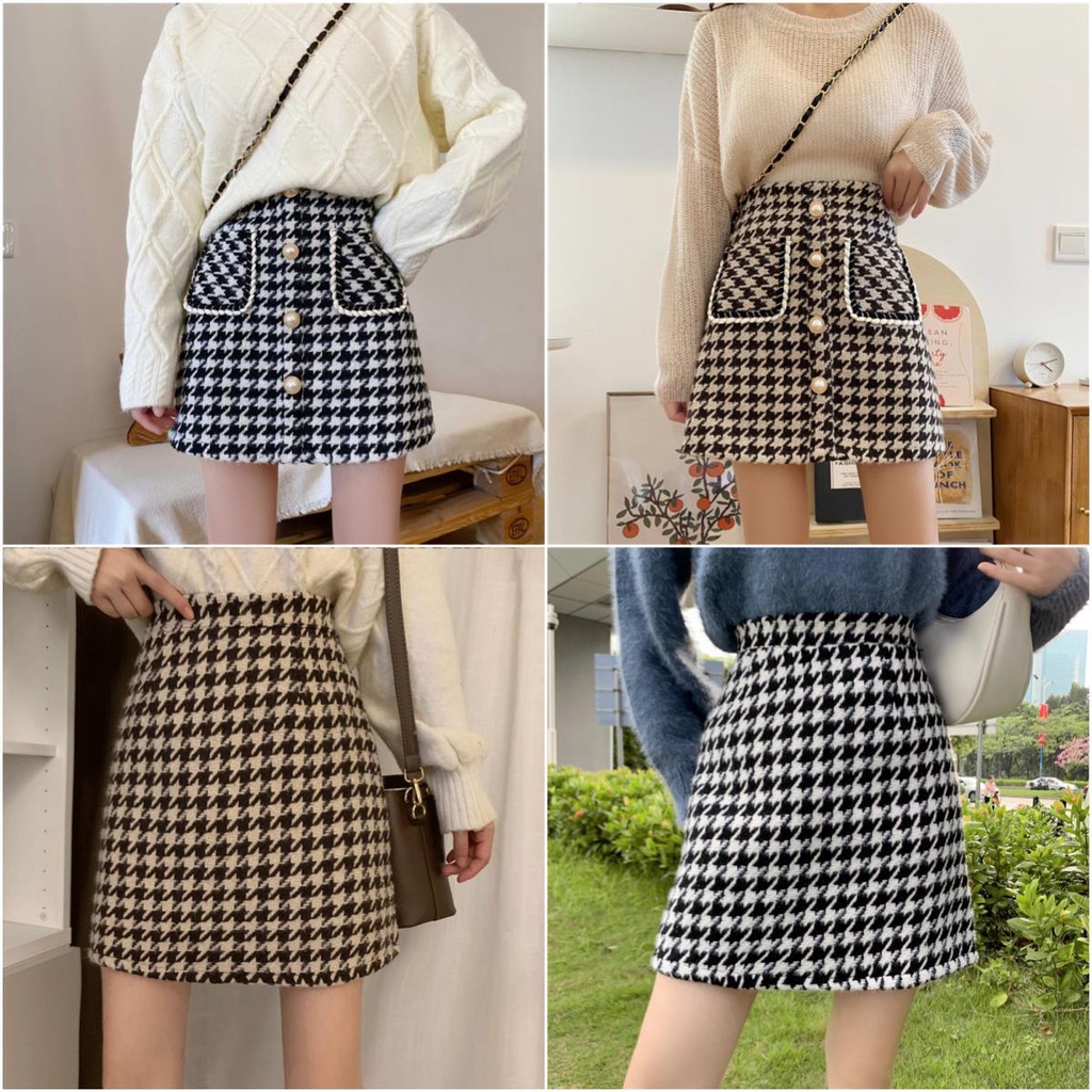 พร้อมส่ง กระโปรงสั้น เอวสูง ทรงเอ กระโปรงลายสก็อต ผ้าทวิต ชาแนล สไตล์ เกาหลี