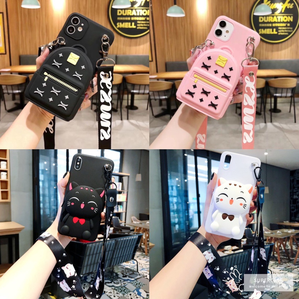 เคสโทรศัพท์มือถือ TPU แบบนิ่ม ลายแมวยิ้มน่ารัก พร้อมเชือกคล้องคอ และกระเป๋าสตางค์ มีซิป สําหรับ Vivo