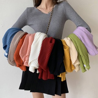 (13สี พร้อมส่ง)  เสื้อคอวีแขนยาว ร่องใหญ่ ไหมพรม #9911