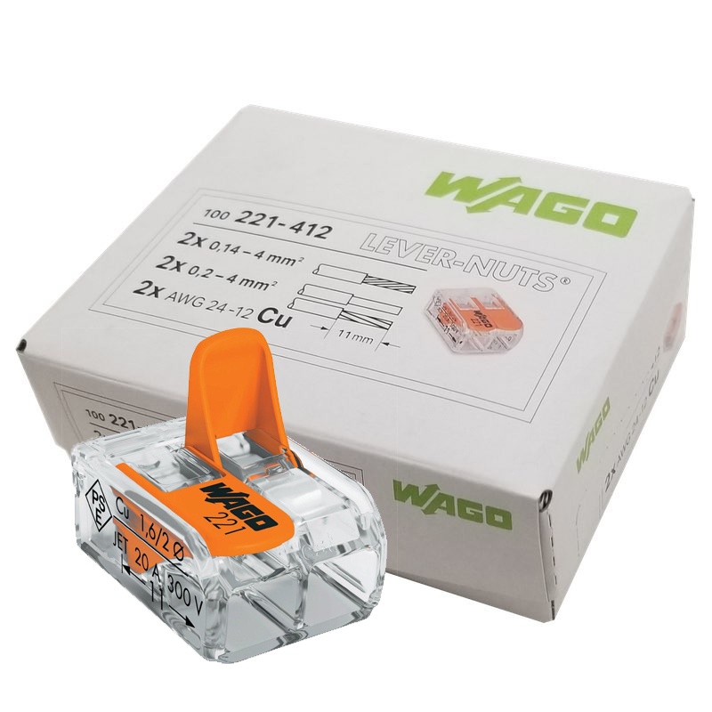 ตัวต่อสายไฟ wago 221-412 ข้อต่อเชื่อมสายไฟ แบบ 2 ช่องเชื่อมต่อ - สีส้ม (100ชิ้น/1กล่อง)