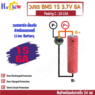 BMS 1S 6A  ป้องกันแบตเตอรี่ลิเธียม-ไอออน Li-ion Lithium   Li -Polymer 18650 1S 3.7V 6A Peaking C : 15A(แบบกลม)