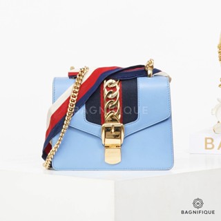 GUCCI SYLVIE MINI BLUE BUFFED LEATHER GHW