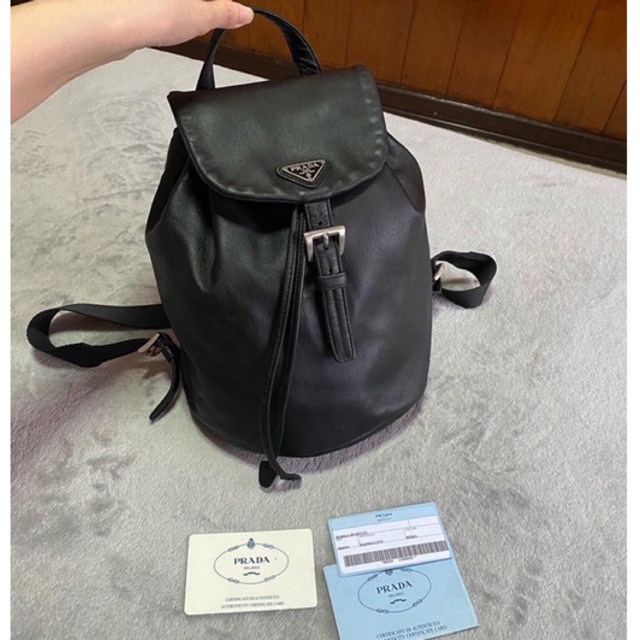 Prada Black Leather Small Drawstring Backpack ของแท้ กระเป๋าเป้ กระเป๋ามือสอง แบรนด์เนม ปราด้า พราด้า