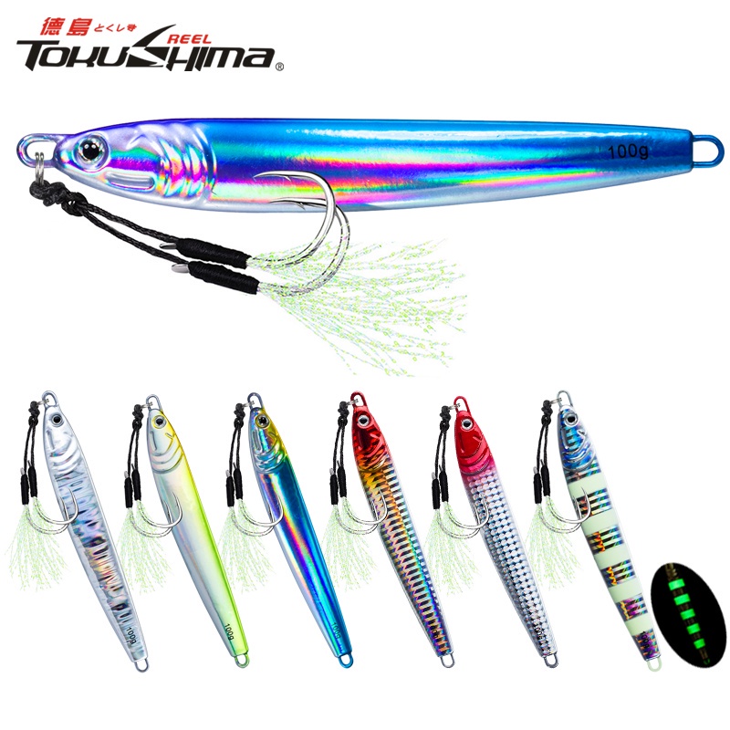 1 ชิ้น 40 กรัม 60 กรัม 80 กรัม 100 กรัม Luminous Fast Jigging Casting Lure 7 สีตกปลาโลหะ Jig เหยื่อคู่ Assist Hook