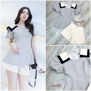 เซตเสื้อคอปกลายตารางแขนพอง และกางเกงขาสั้น (A960) Camellia