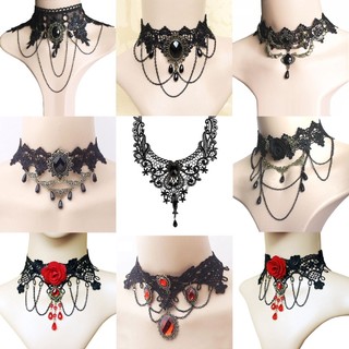 Black Lace Necklace Chokers Vintage Style Female Gothic Wedding Red Rose Crystal Diamond Pendant